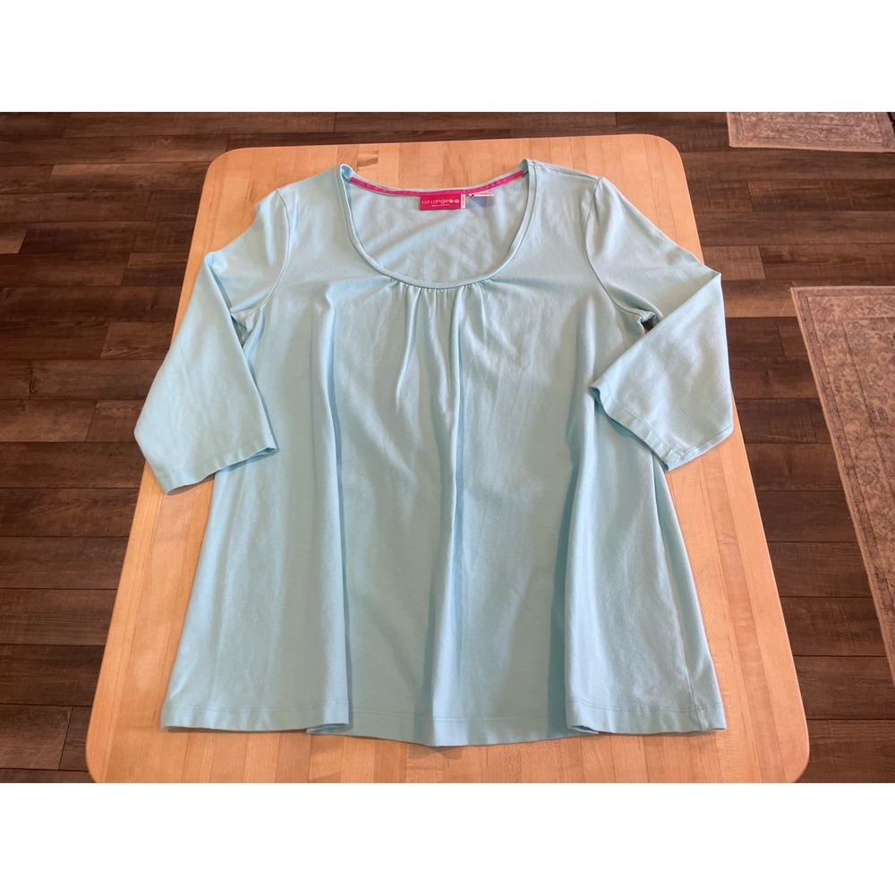 Liz Lange Aqua Blue Scoop Ruched Neck 3/4 Sleeve Maternity Shirt L Cotton Blend